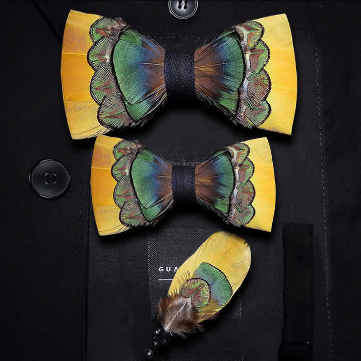 Kid's Bright Yellow & Green Peacock Feather Bow Tie with Lapel Pin - Parent-Child Set - image 5