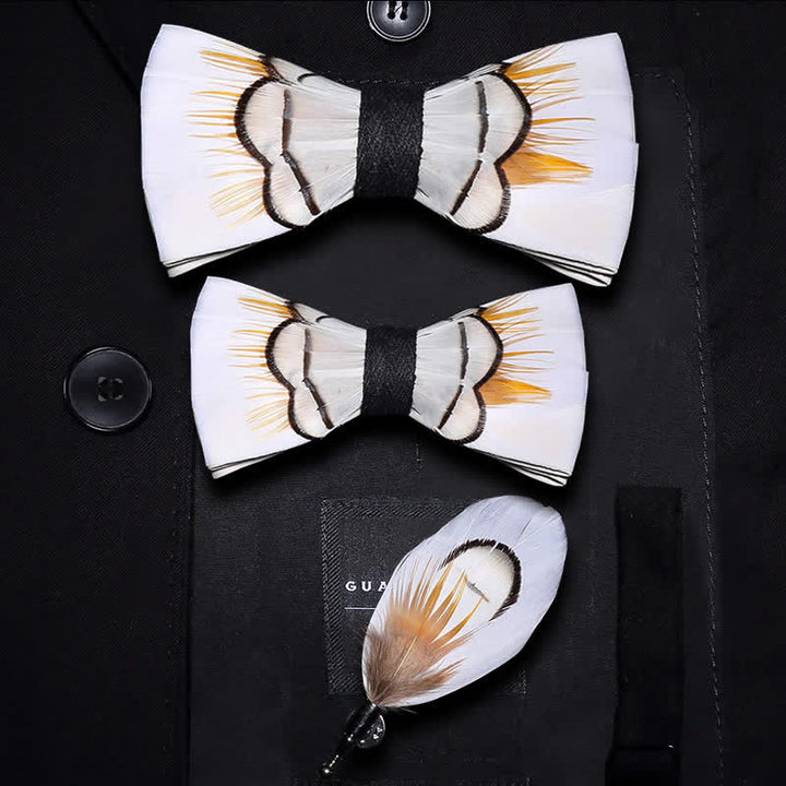 Kid's Beige Elegant Feather Bow Tie with Lapel Pin - Parent-Child Set - image 3