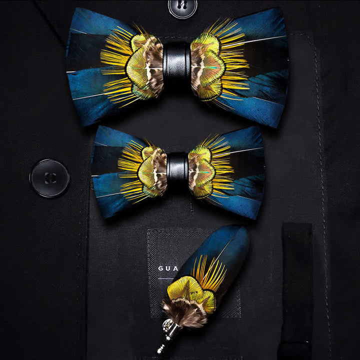 Kid's Blue & Yellow Peacock Feather Bow Tie with Lapel Pin - Parent-Child Set - image 4