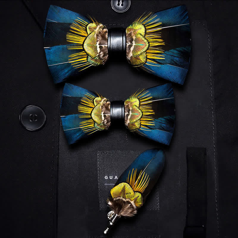 Kid's Blue & Yellow Peacock Feather Bow Tie with Lapel Pin - Parent-Child Set - image 4