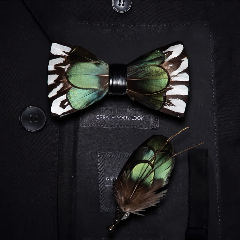 Kid's ForestGreen & White Feather Bow Tie with Lapel Pin - Kid - image 0