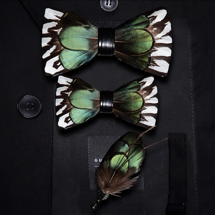 Kid's ForestGreen & White Feather Bow Tie with Lapel Pin - Parent-Child Set - image 4