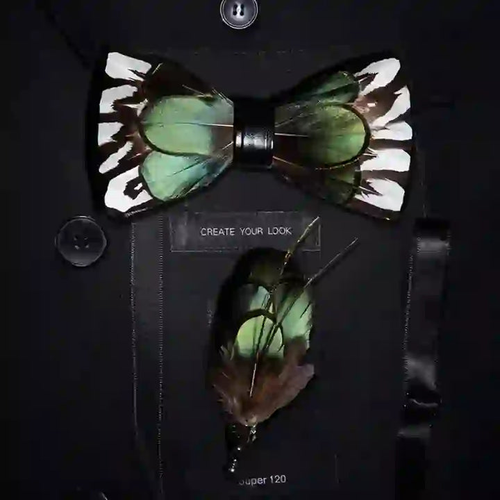 Kid's ForestGreen & White Feather Bow Tie with Lapel Pin - Adult - image 2