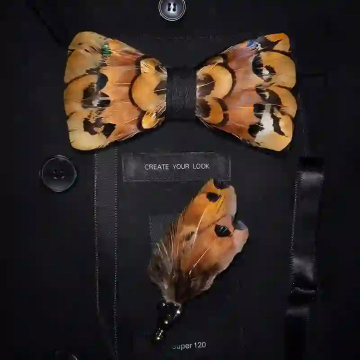 Kid's Beige & Gold Pheasant Feather Bow Tie with Lapel Pin - Adult - image 2