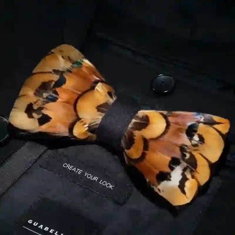 Kid's Beige & Gold Pheasant Feather Bow Tie with Lapel Pin - image 1