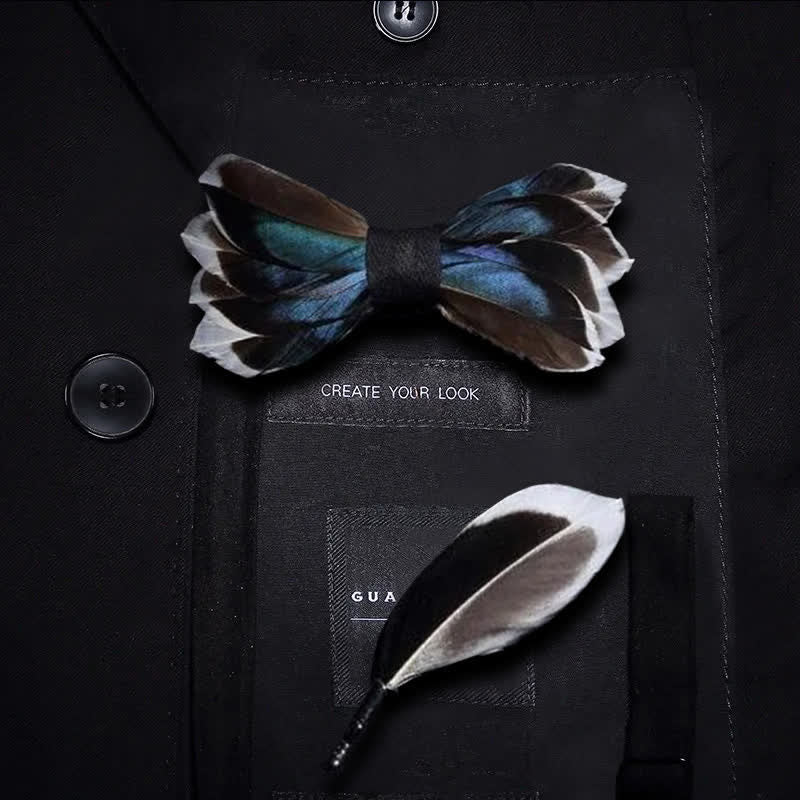 Kid's DarkBlue & Brown Graceful Feather Bow Tie with Lapel Pin - Kid - image 0