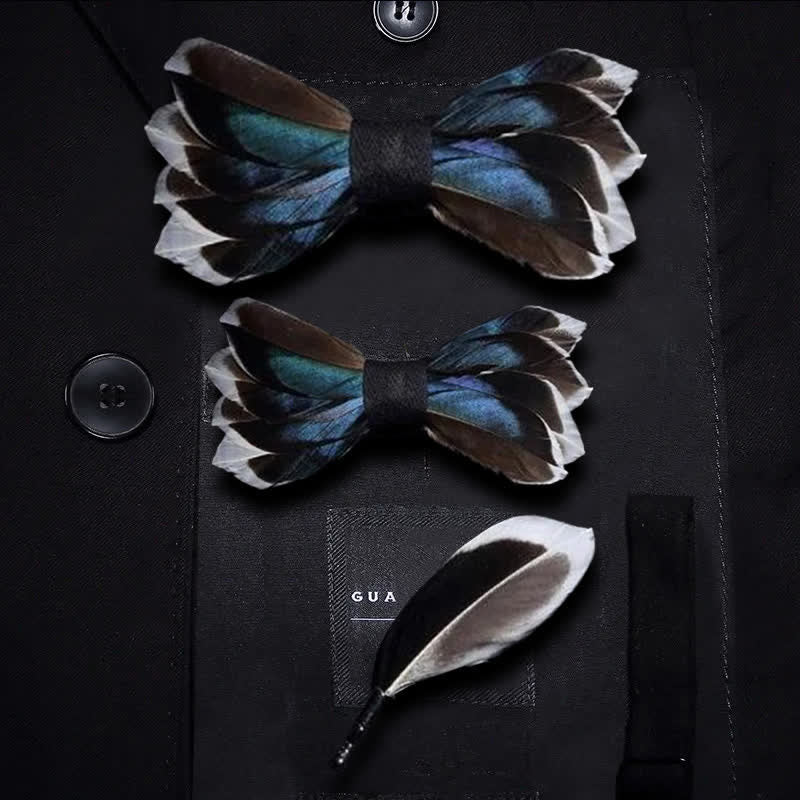 Kid's DarkBlue & Brown Graceful Feather Bow Tie with Lapel Pin - Parent-Child Set - image 5