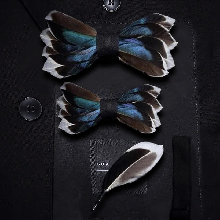 Kid's DarkBlue & Brown Graceful Feather Bow Tie with Lapel Pin - Parent-Child Set - image 5