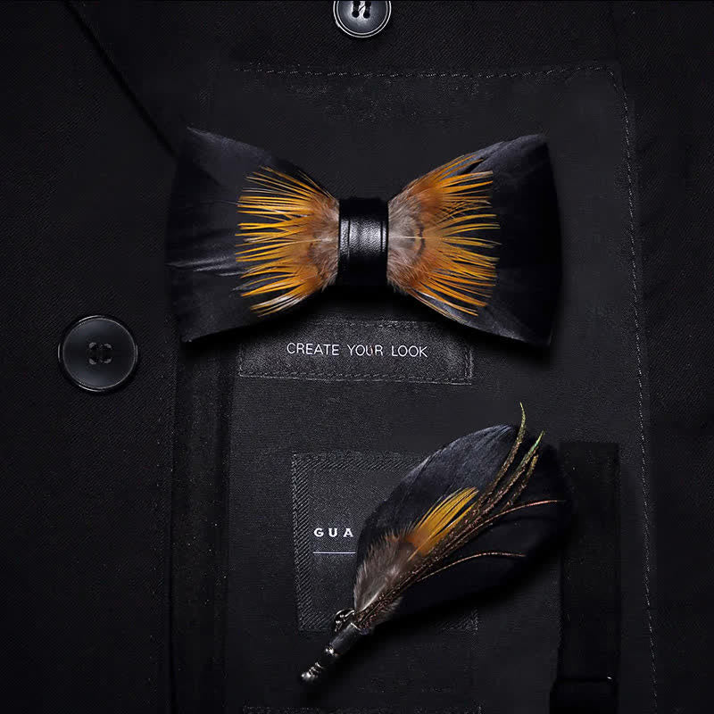 Kid's Orange & Black Sunflower Feather Bow Tie with Lapel Pin - Kid - image 0