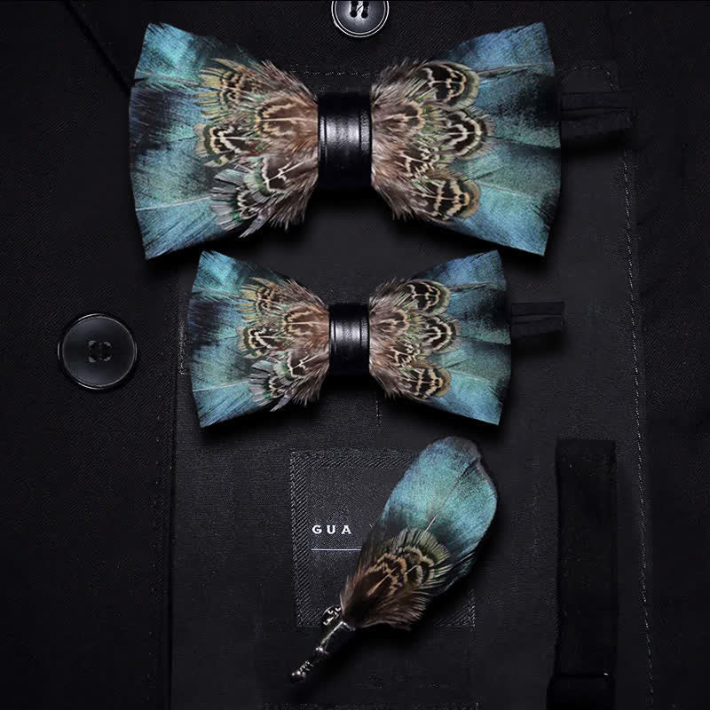 Kid's Green & Brown Vintage Feather Bow Tie with Lapel Pin - Parent-Child Set - image 6