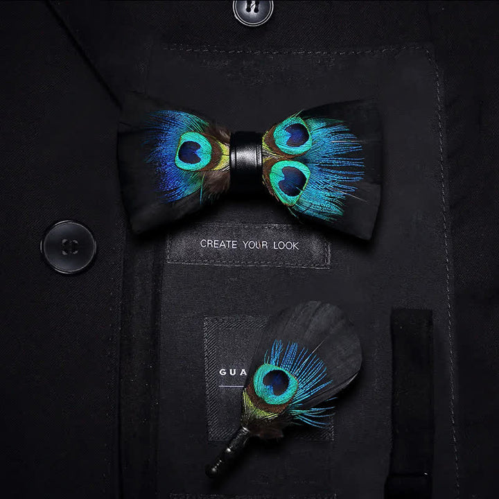 Kid's Black & Blue Peacock Eye Feather Bow Tie with Lapel Pin - Kid - image 0