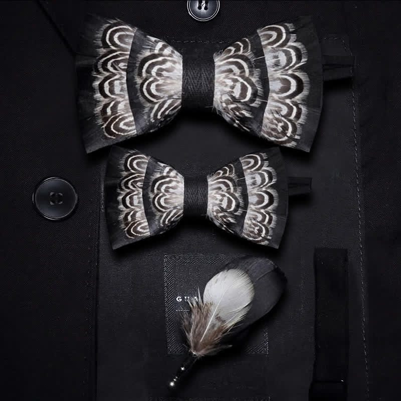 Kid's Black & White Tiger Stripes Feather Bow Tie with Lapel Pin - Parent-Child Set - image 3