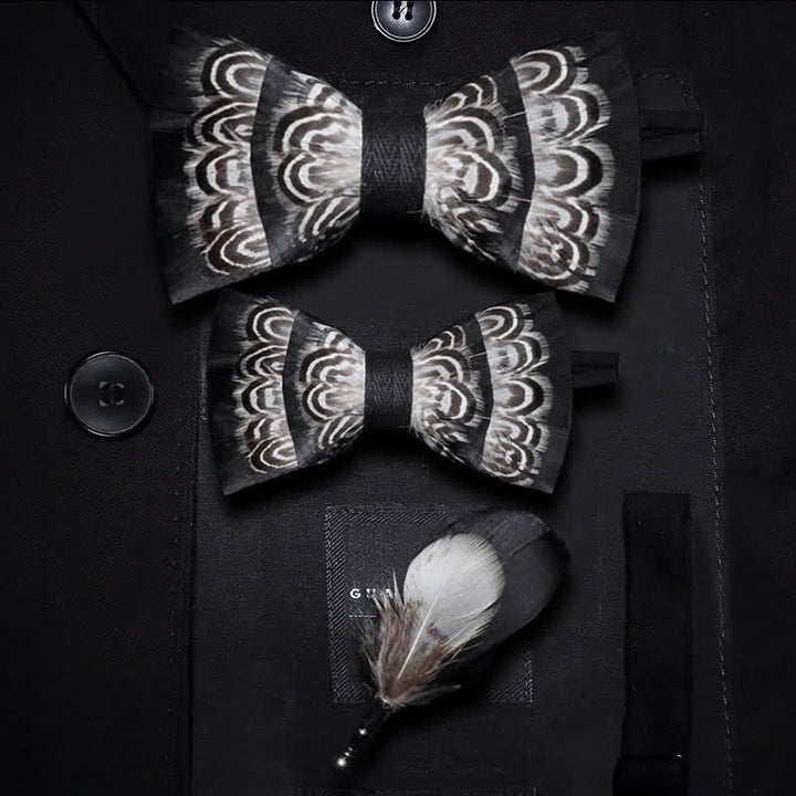 Kid's Black & White Tiger Stripes Feather Bow Tie with Lapel Pin - Parent-Child Set - image 3