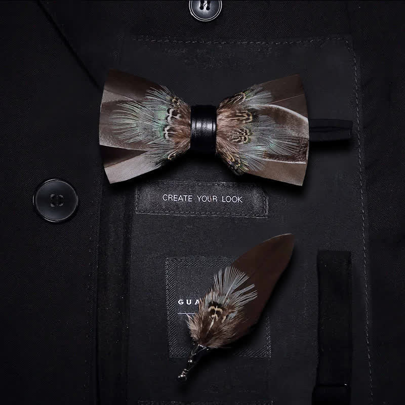Kid's Brown Rustic Feather Bow Tie with Lapel Pin - Kid - image 0