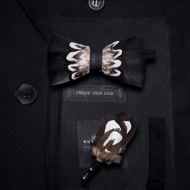 Kid's Black & White Pattern Feather Bow Tie with Lapel Pin - Kid - image 0