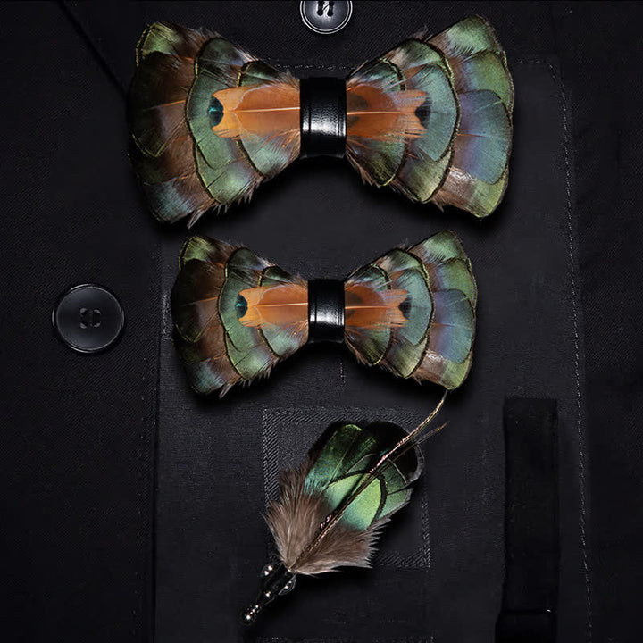 Kid's Emerald Green & Gold Feather Bow Tie with Lapel Pin - Parent-Child Set - image 5