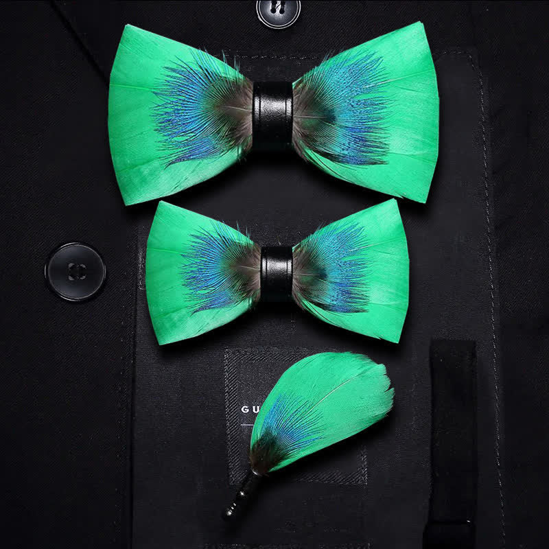Kid's Blue & Green Novelty Feather Bow Tie with Lapel Pin - Parent-Child Set - image 5
