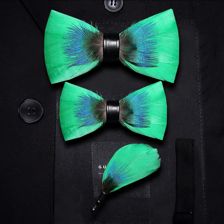 Kid's Blue & Green Novelty Feather Bow Tie with Lapel Pin - Parent-Child Set - image 5