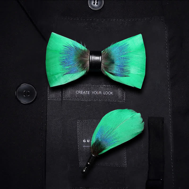 Kid's Blue & Green Novelty Feather Bow Tie with Lapel Pin - Kid - image 0