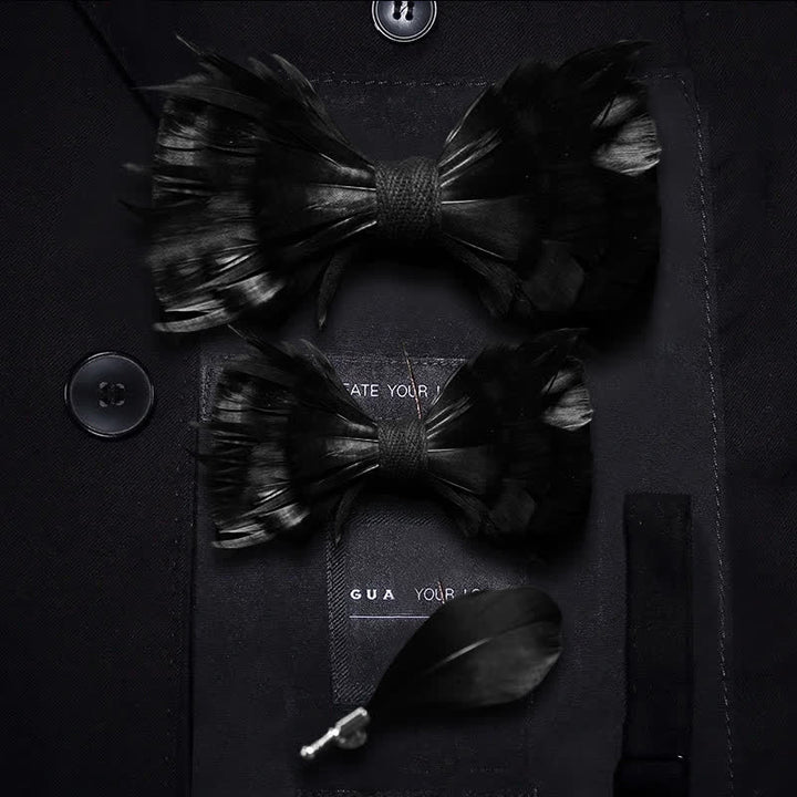Kid's Solid Black Feather Bow Tie with Lapel Pin - Parent-Child Set - image 3