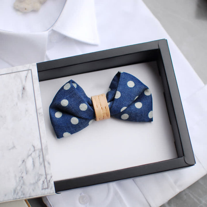 Men's Blue Polka Dots Leather Loop Bow Tie - Style #2 - image 3