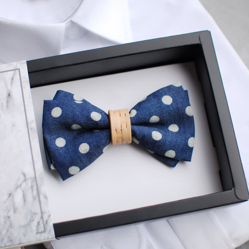 Men's Blue Polka Dots Leather Loop Bow Tie - Style #1 - image 2