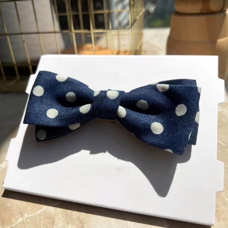 Men's Blue Polka Dots Leather Loop Bow Tie - image 7