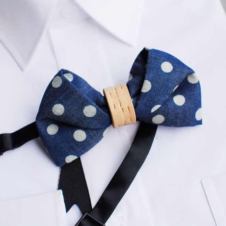 Men's Blue Polka Dots Leather Loop Bow Tie - image 4
