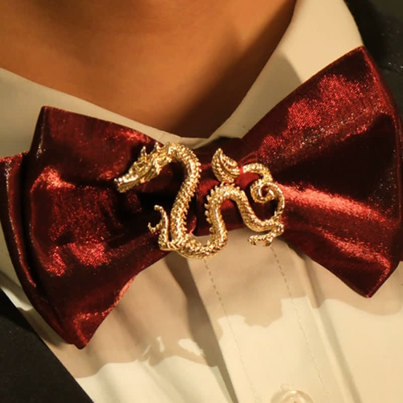 Men's Retro Shiny Burgundy Dragon Decor Bow Tie - image 1