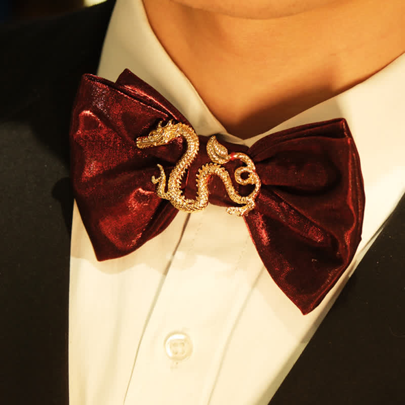 Men's Retro Shiny Burgundy Dragon Decor Bow Tie - image 4