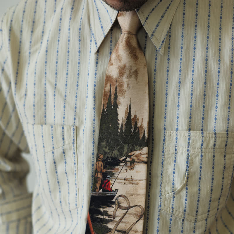 Men's Stylish Lake Scene Fishing Printing Necktie - image 1