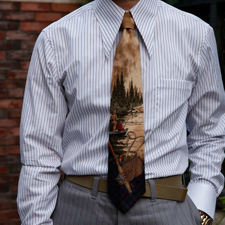 Men's Stylish Lake Scene Fishing Printing Necktie - Colorful - image 0