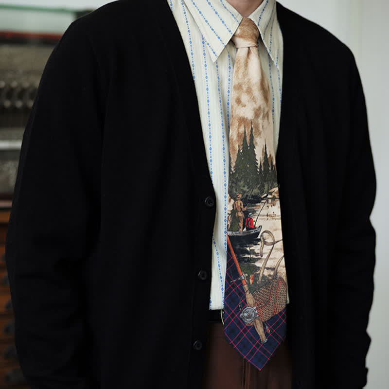 Men's Stylish Lake Scene Fishing Printing Necktie - image 2