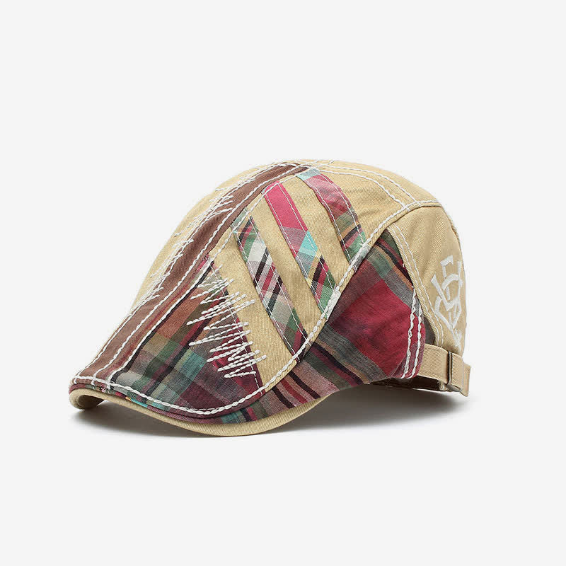 Cotton Patchwork Cabbie Adjustable Buckle Beret Hat - Beige - Adjustable (22 1/2"-23 5/8") - image 1