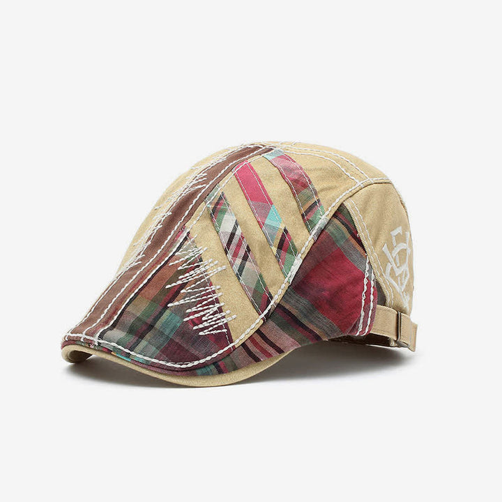 Cotton Patchwork Cabbie Adjustable Buckle Beret Hat - Beige - Adjustable (22 1/2"-23 5/8") - image 1