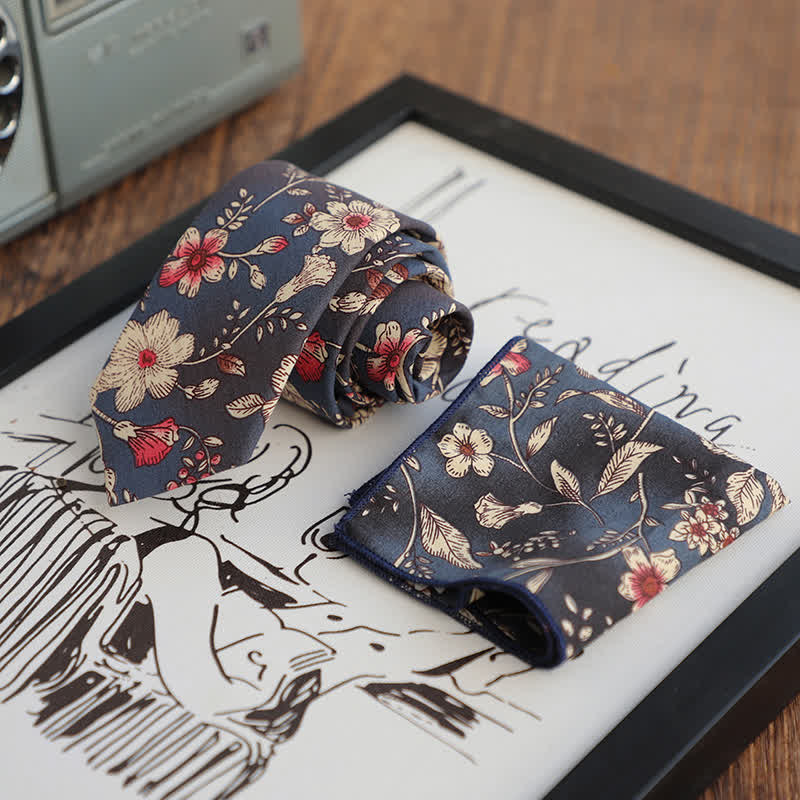 2Pcs Men's Floral Pattern Navy Personality Necktie Set - image 2