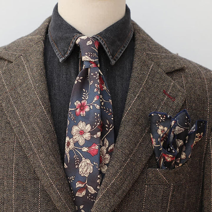 2Pcs Men's Floral Pattern Navy Personality Necktie Set - Navy - image 0