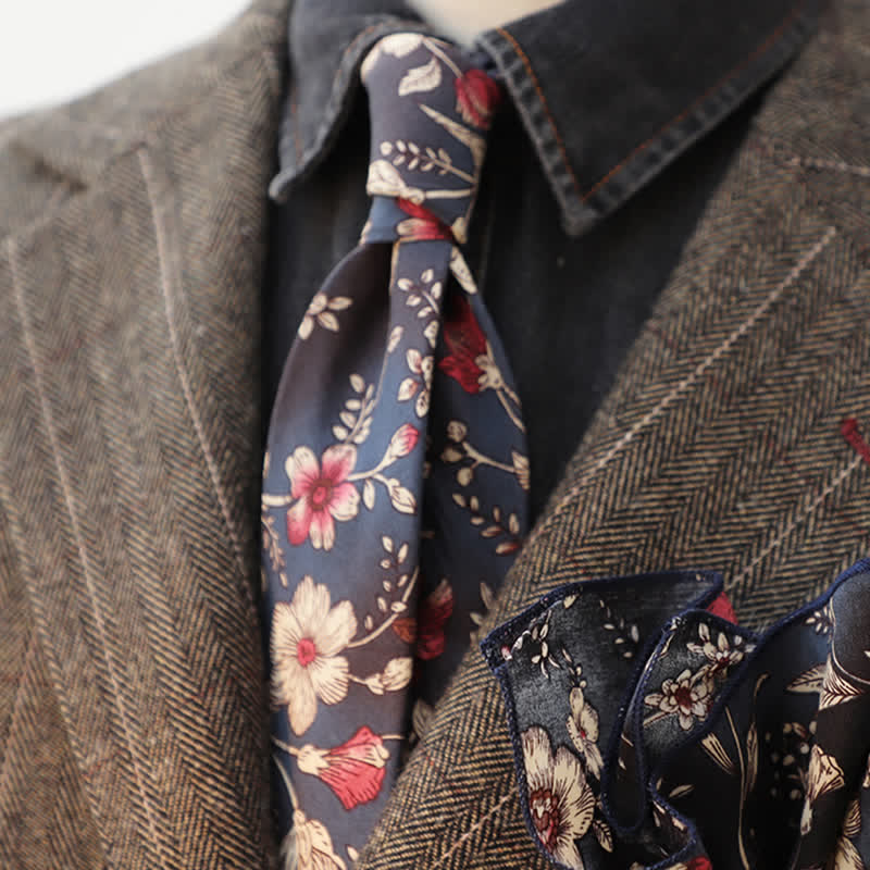 2Pcs Men's Floral Pattern Navy Personality Necktie Set - image 3