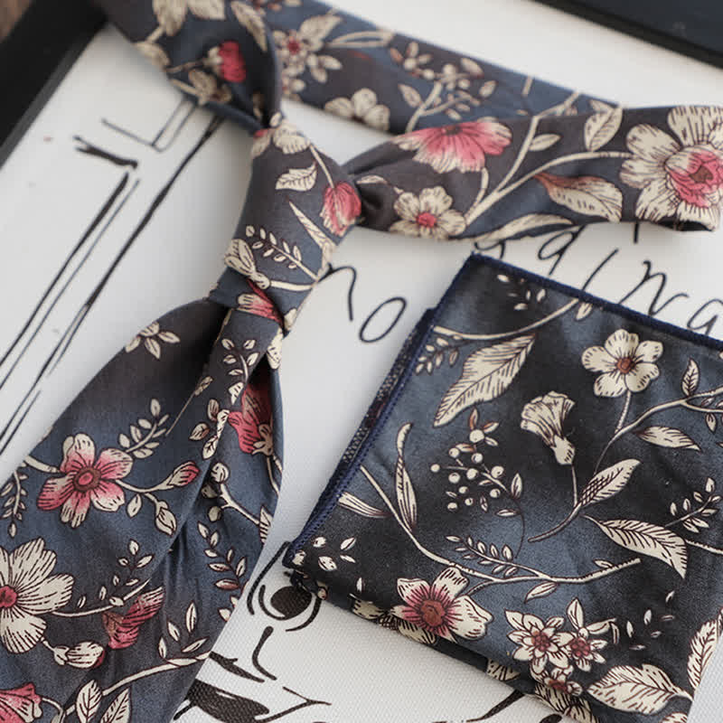 2Pcs Men's Floral Pattern Navy Personality Necktie Set - image 1