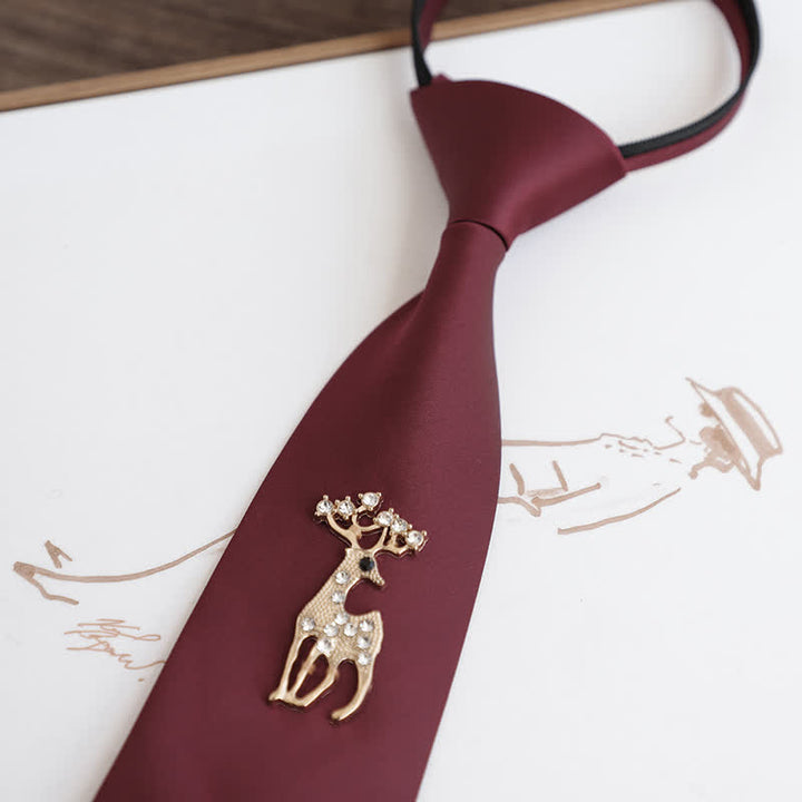 Men's Dark Red Golden Decor Wedding Zipper Necktie - Deer - image 2