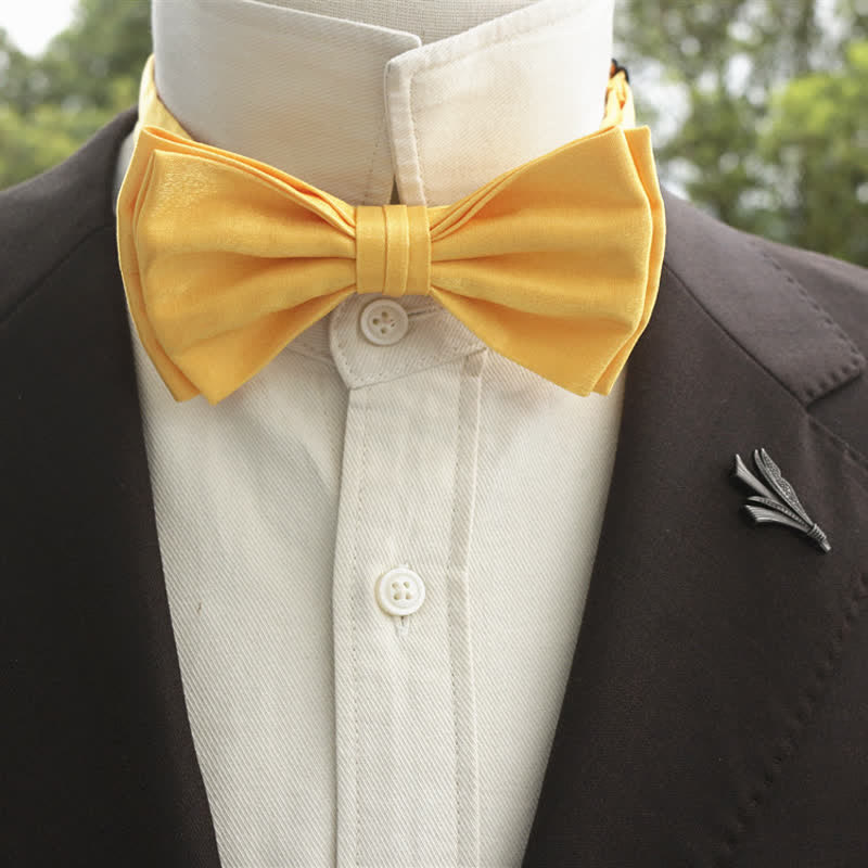 Men's Bright Double-Layered Solid Color Bow Tie - Yellow - Style #2 - image 24