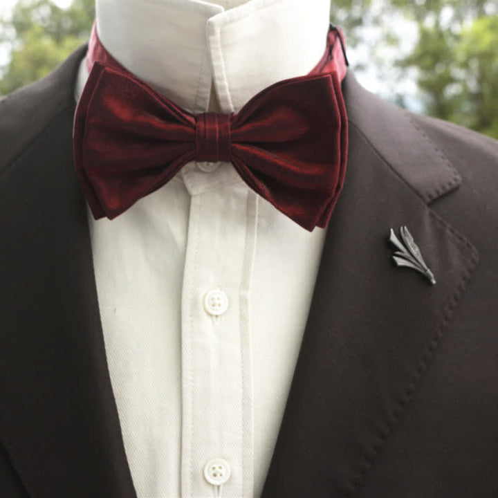 Men's Bright Double-Layered Solid Color Bow Tie - Burgundy - Style #2 - image 25