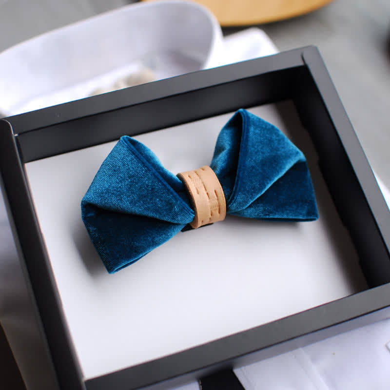 Men's Twisted Velvet Solid Color Leather Loop Bow Tie - Teal - image 0