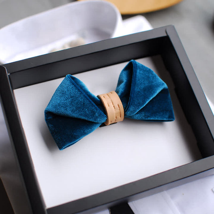 Men's Twisted Velvet Solid Color Leather Loop Bow Tie - Teal - image 0