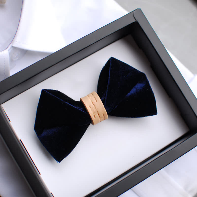 Men's Twisted Velvet Solid Color Leather Loop Bow Tie - MidnightBlue - image 3