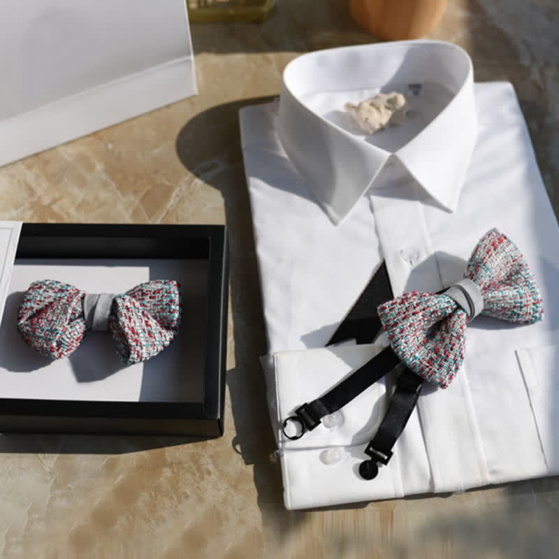 Men's Woven Gray Pink Blue Mix Color Bow Tie - image 3