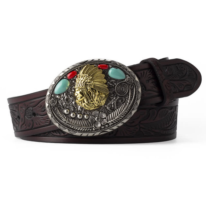 Men's Turquoise Country Indian Style Leather Belt - Coffee - 46 - image 7