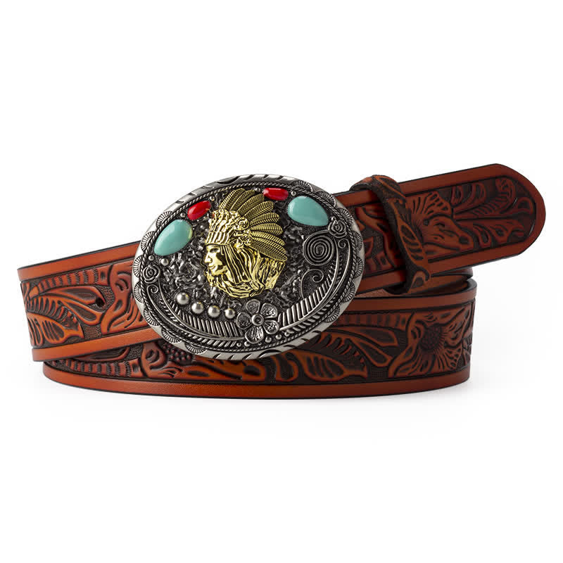 Men's Turquoise Country Indian Style Leather Belt - Brown - 46 - image 8