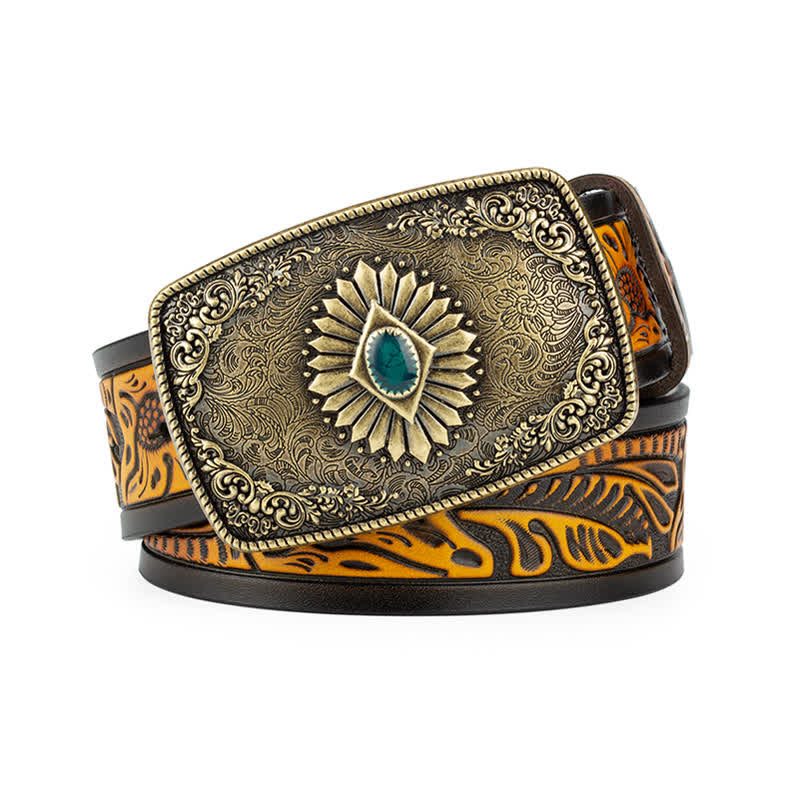 Men's Floral Engraving Pattern Automatic Buckle Leather Belt - Sandy Brown / Bronze - 46 - image 0