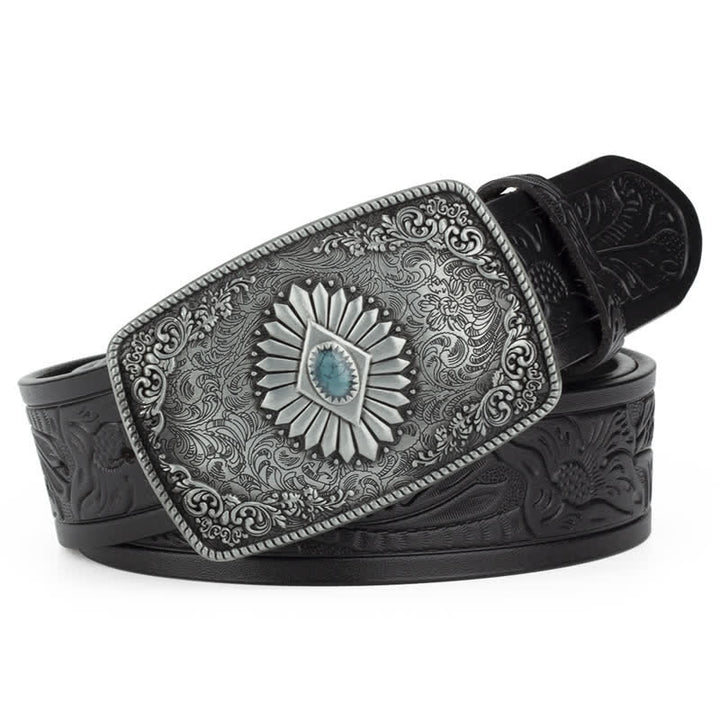 Men's Floral Engraving Pattern Automatic Buckle Leather Belt - Black / Silver - 46 - image 13